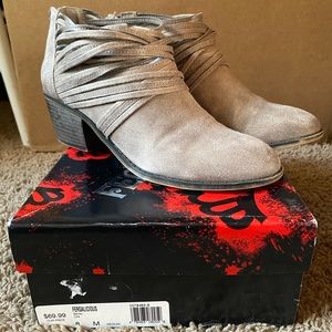 Fergalicious Barley strappy ankle boot. Color: Doe. Size 8. 2” heel. EUC w/ box